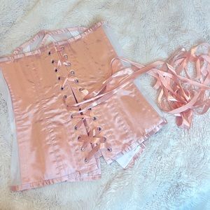 Blush colored mesh and satin overbust cinching corset